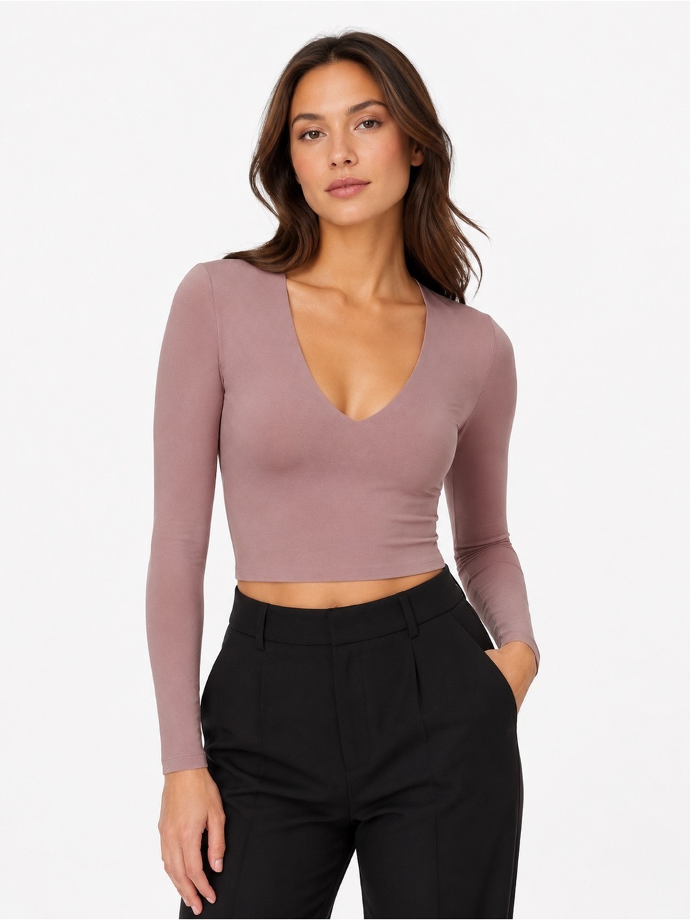 Aritzia Babaton Contour V-Neck Longsleeve Top XS Dusty Rose